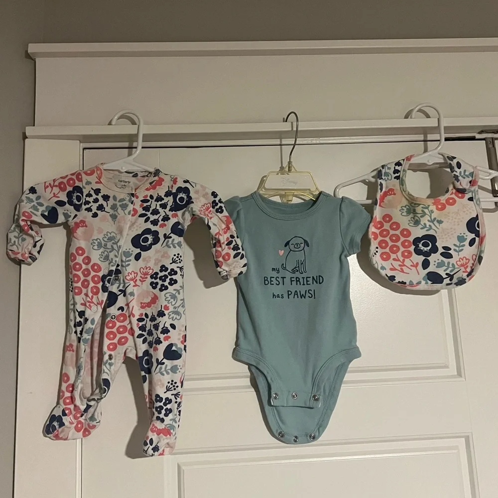 $2 ADD ON Carter’s Footie Newborn Set Bib Floral Dog Onesie 3M‎ Cat and Jack